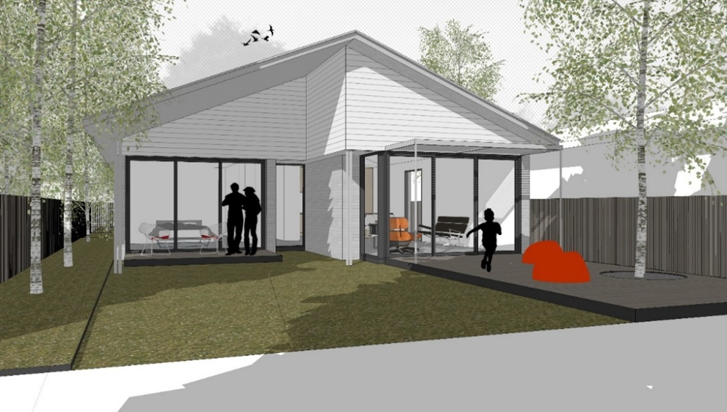 Computer simulation of the rear of the Mallee house design featuring a couple and a child exploring the home