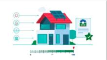 Still from Jan and Sam video animation of an illustrated house  with a rating scale   indicating the whole of homes energy use performance 